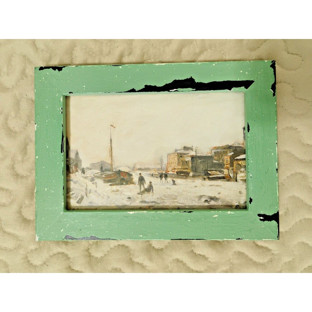 Gallery  Winter Village Framed Print Snowy Street Scene Distressed Green Frame
